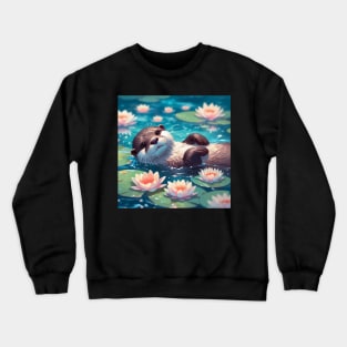 Kawaii Anime Otter Swimming With Water Lily Crewneck Sweatshirt